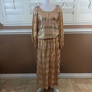 Vintage Richard Assatly Gold Metallic Maxi Dress Sz 10 Luxury Boho Glam Festival